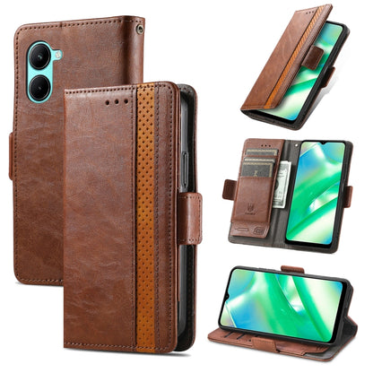 Brown leather wallet phone case with dual magnetic buckle, card slots, and stand