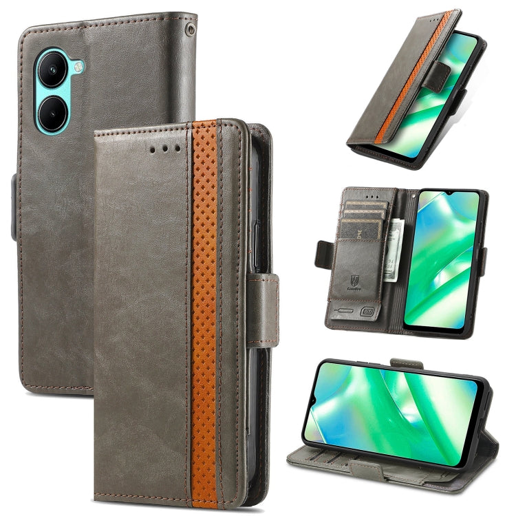 Gray leather wallet phone case with dual magnetic buckle, card slots, and stand