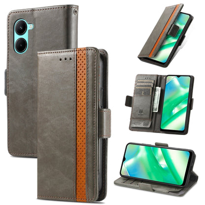 Gray leather wallet phone case with dual magnetic buckle, card slots, and stand