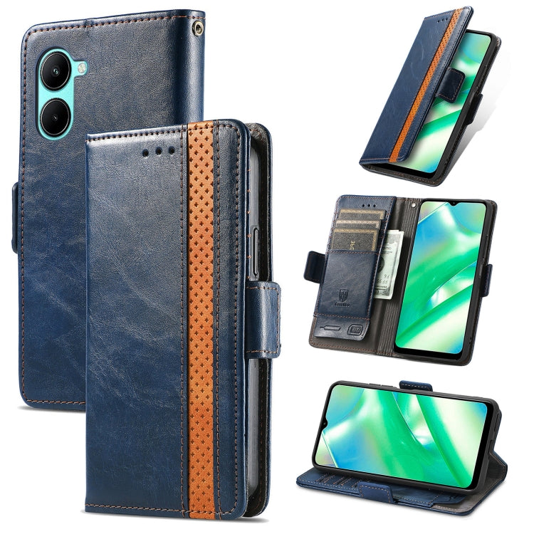 Blue leather wallet phone case with dual magnetic buckle, card slots, and stand