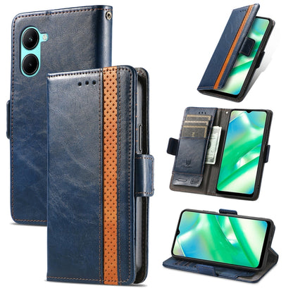 Blue leather wallet phone case with dual magnetic buckle, card slots, and stand