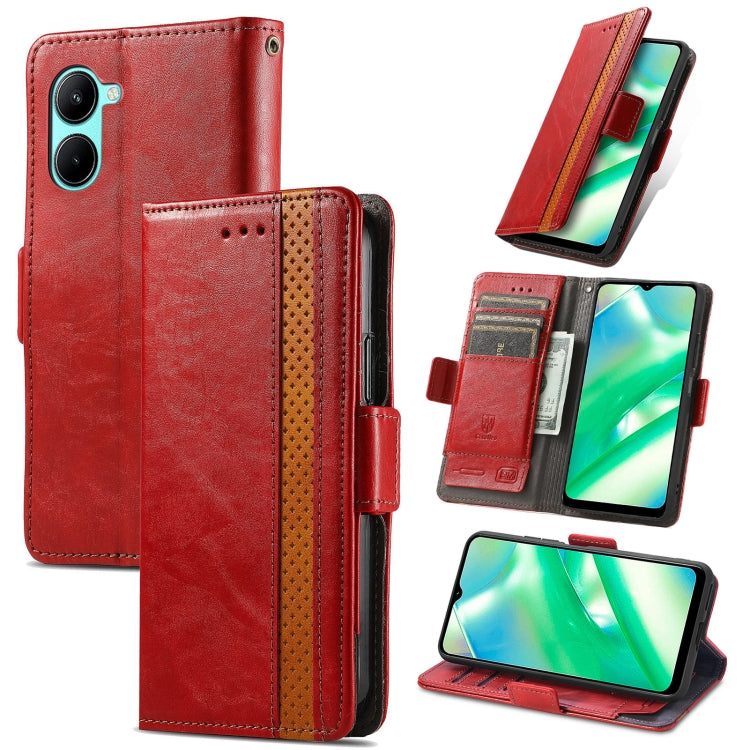 Red leather wallet phone case with dual magnetic buckle, card slots, and stand