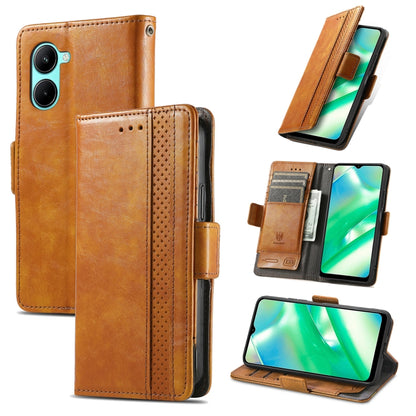 Khaki leather wallet phone case with dual magnetic buckle, card slots, and stand