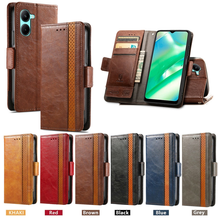 Brown leather phone case with magnetic buckle, card slots, and viewing stand flap