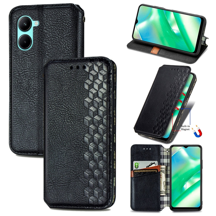 Black leather wallet phone case with cube grid embossing and magnetic flip cover