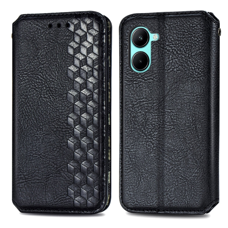 Black leather phone case with cube grid embossed front and dual camera cutout