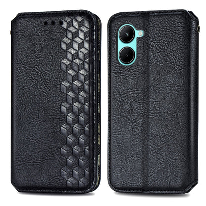 Black leather phone case with cube grid embossed front and dual camera cutout