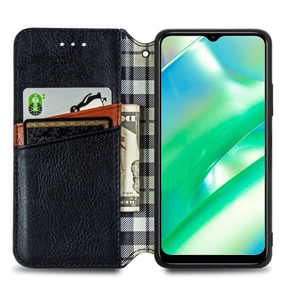 Black magnetic leather wallet phone case with cube grid texture and card slots