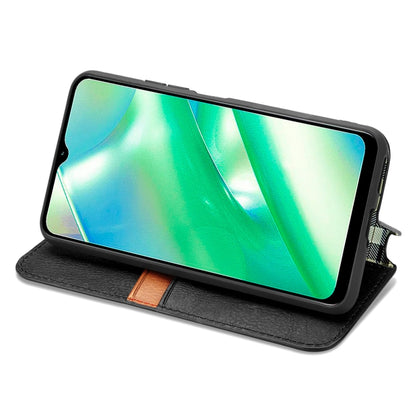 Black leather magnetic flip phone case with stand support and cube grid embossing
