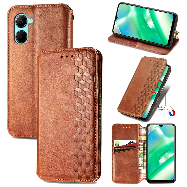 Brown leather wallet phone case with cube grid embossing, magnetic closure, and card slot