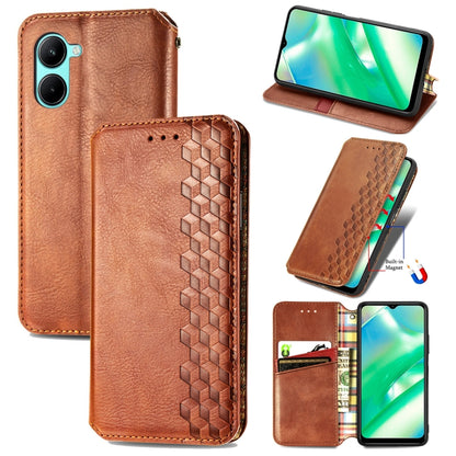 Brown leather wallet phone case with cube grid embossing, magnetic closure, and card slot