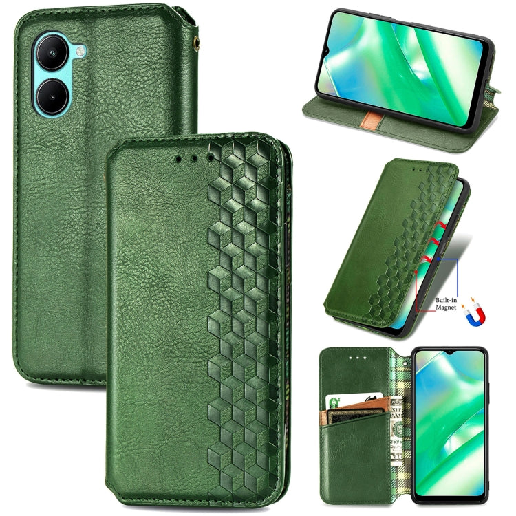 Green leather wallet phone case with cube grid embossing and magnetic flip cover