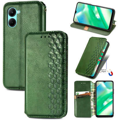 Green leather wallet phone case with cube grid embossing and magnetic flip cover