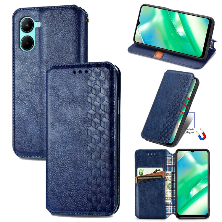 Blue leather magnetic wallet phone case with cube grid embossed front and card slots