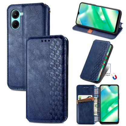 Blue leather magnetic wallet phone case with cube grid embossed front and card slots