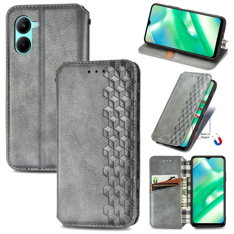 Gray leather wallet phone case with cube grid embossed front and magnetic flip cover