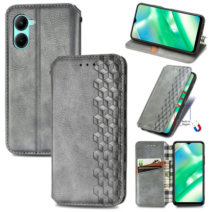 Gray leather wallet phone case with cube grid embossed front and magnetic flip cover