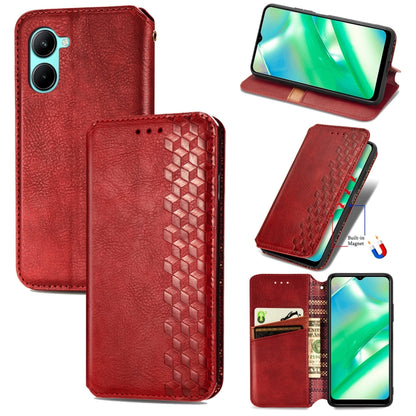Red leather magnetic wallet phone case with cube grid embossing and card slot panel