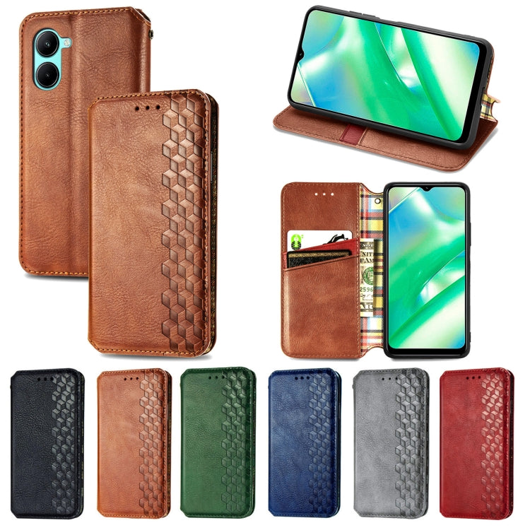 Leather magnetic wallet phone cases set: brown, green, blue, gray, red with cube grid