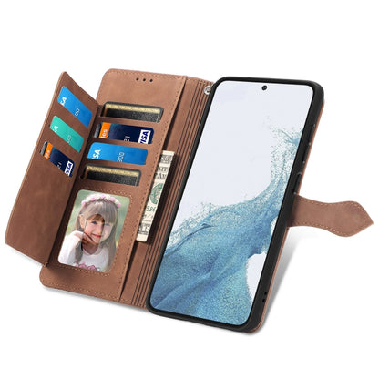 Brown leather wallet phone case with card slots and zipper closure