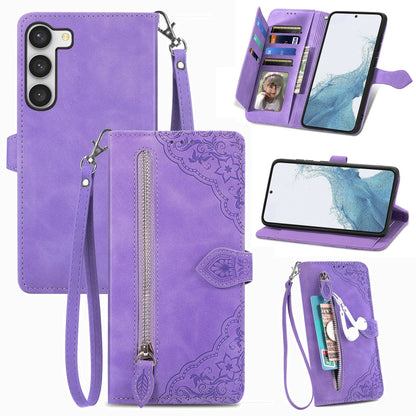 Purple embossed flower zipper leather phone case with wrist strap and card slots