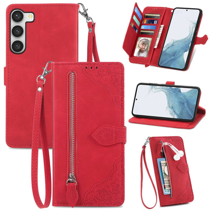 Red embossed flower zipper leather phone case with wrist strap and card slots
