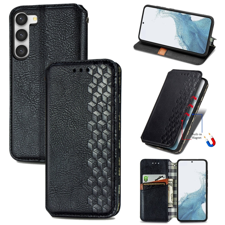 Black leather phone case with magnetic flap, cubic grid embossed panel and card slots.