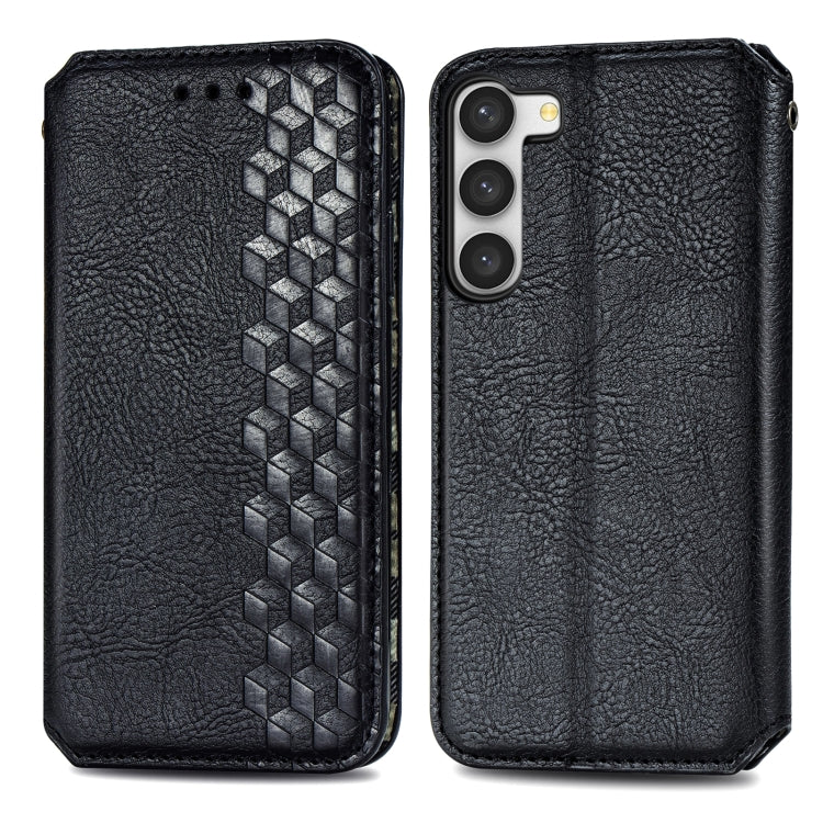 Black leather phone case with cubic grid embossed front and smooth back, camera cutouts.