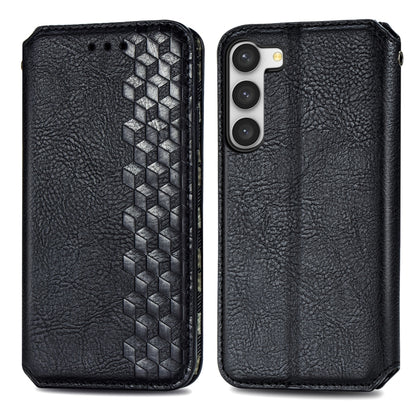 Black leather phone case with cubic grid embossed front and smooth back, camera cutouts.