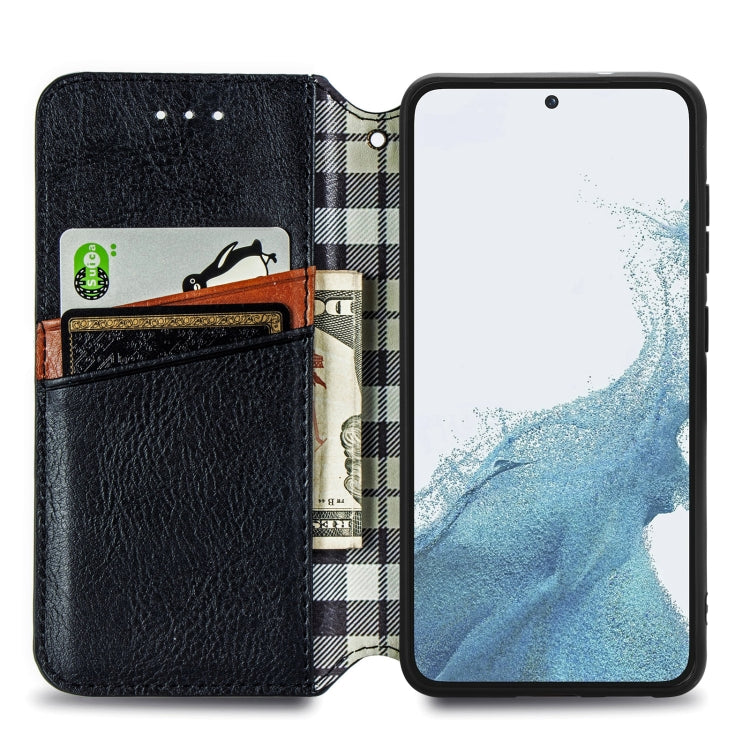 Black leather wallet phone case opened to show card slots and plaid fabric lining.