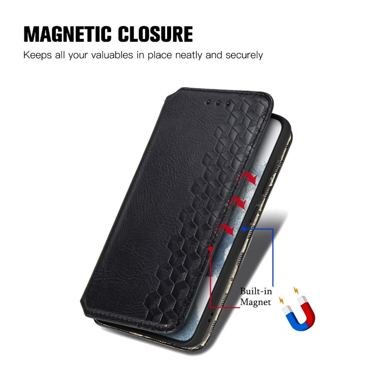 Black leather phone case with cubic grid pattern and built-in magnetic closure flap.