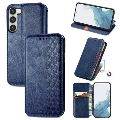 Blue magnetic leather phone case with cubic grid embossed pattern and flip cover