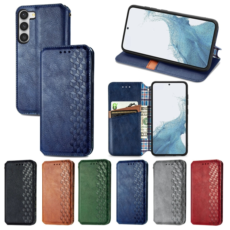 Blue magnetic leather phone case with cubic grid embossing, shown with color options