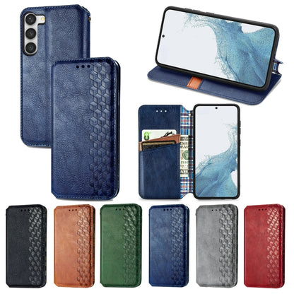 Blue magnetic leather phone case with cubic grid embossing, shown with color options