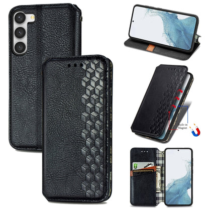 Black leather magnetic phone case with raised cubic grid panel, viewing stand, card slots.
