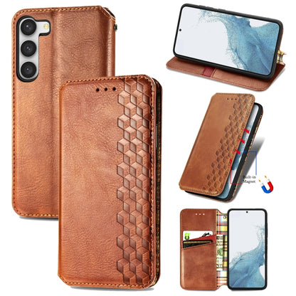 Brown leather magnetic wallet phone case with cubic grid embossed texture and card slots.