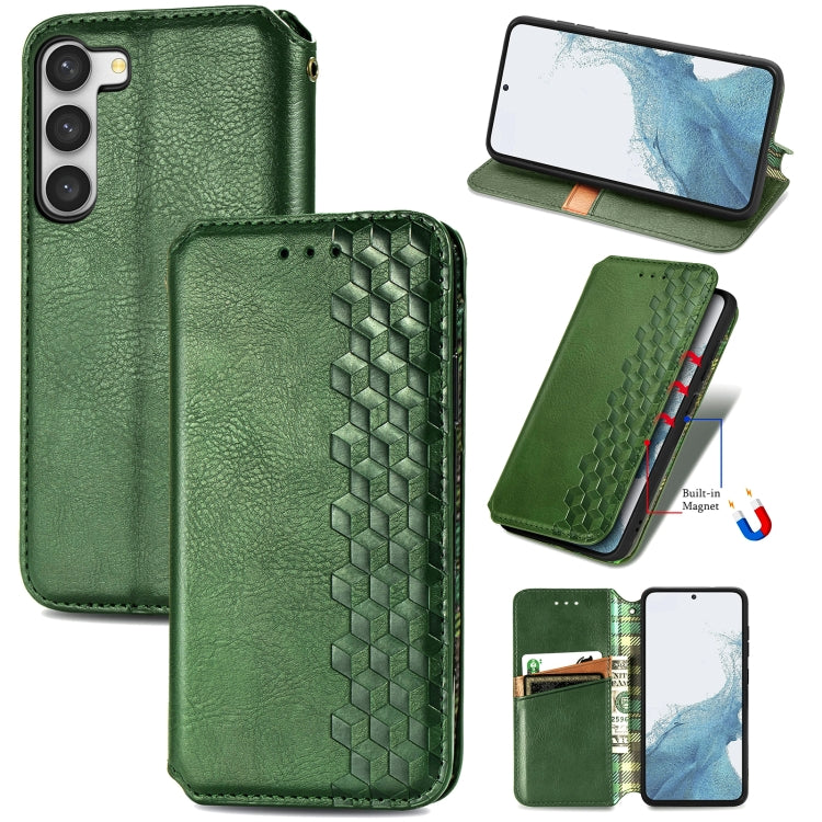 Green magnetic leather phone case with cubic grid embossed pattern, stand and flip cover
