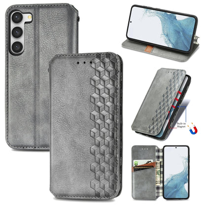 Gray magnetic leather phone case with cubic grid embossed pattern, flip cover and stand