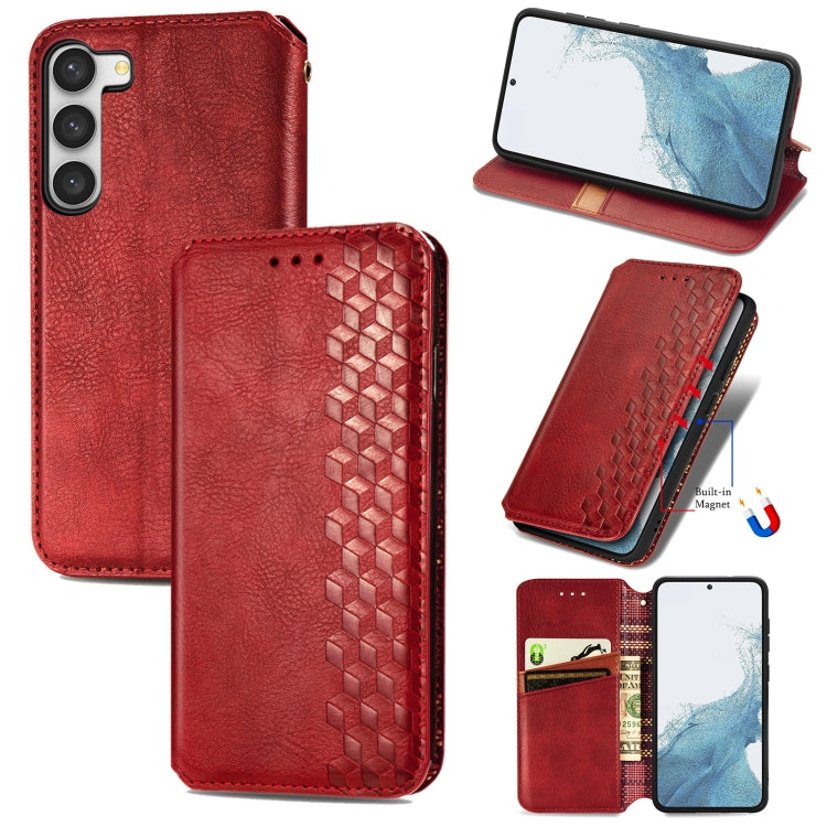 Red leather magnetic phone case with cubic grid pattern, wallet-style flip cover
