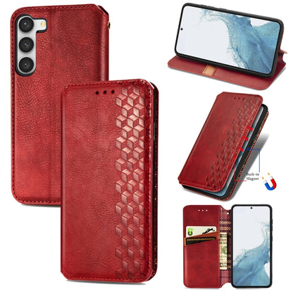 Red leather magnetic phone case with cubic grid pattern, wallet-style flip cover
