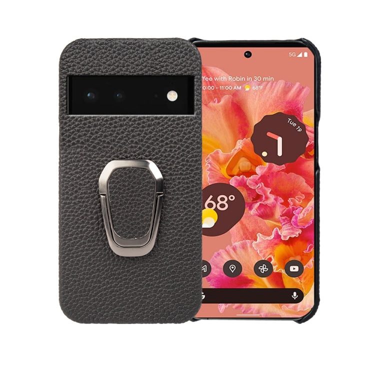 Black litchi-texture leather phone case with built-in metal ring holder for Pixel 6