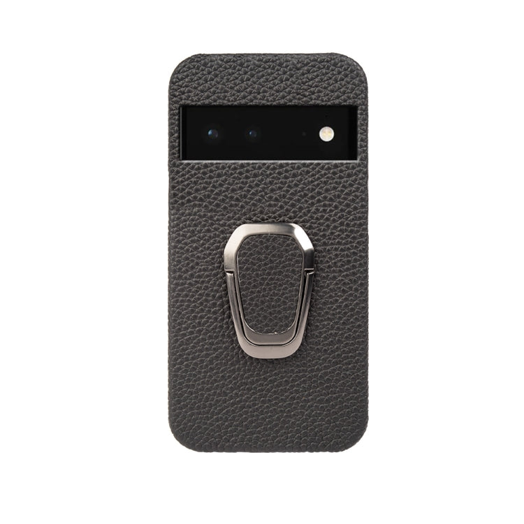 Black litchi-texture leather phone case with metal ring holder, back view