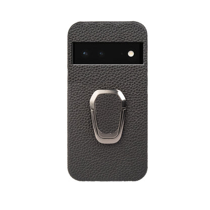 Black litchi-texture leather phone case with metal ring holder, back view
