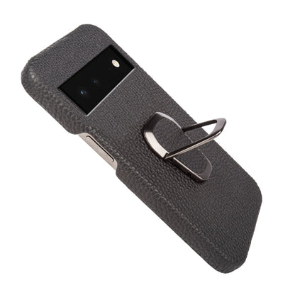 Dark gray litchi-texture leather phone case with metal ring holder, side view
