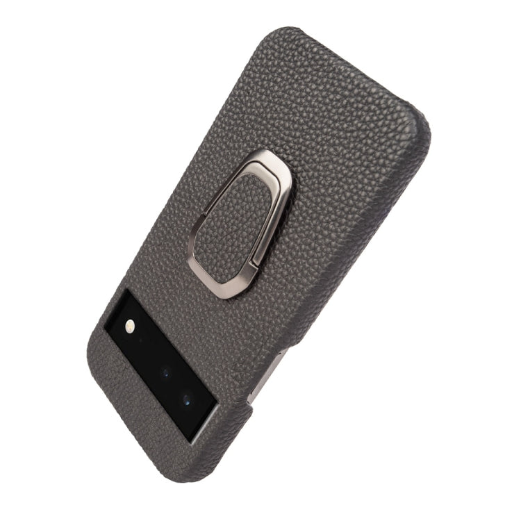 Dark gray leather phone case with metal ring holder and camera cutout