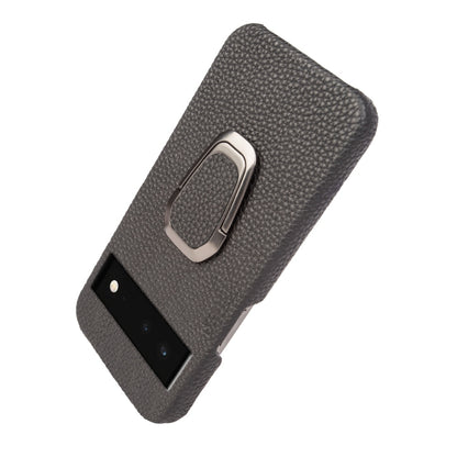 Dark gray leather phone case with metal ring holder and camera cutout
