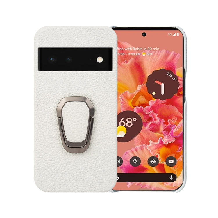White litchi-texture leather phone case with built-in metal ring holder for Pixel 6