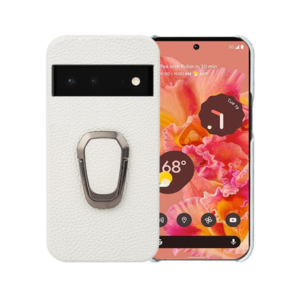 White litchi-texture leather phone case with built-in metal ring holder for Pixel 6