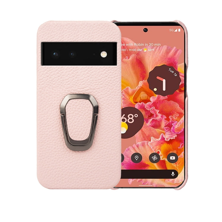 Pink litchi-texture leather phone case with metal ring holder for Pixel 6