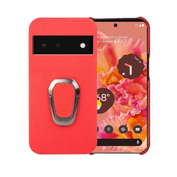 Red litchi-texture leather phone case with metal ring holder for Pixel 6